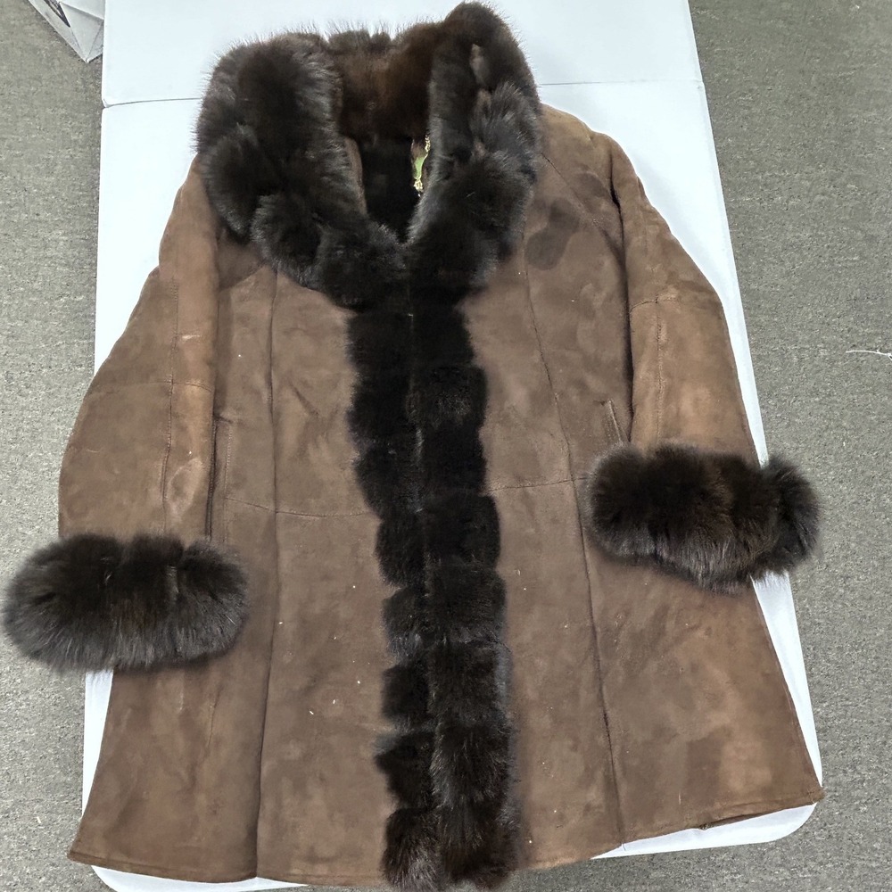 Fontelli lamb lamb fur skin Suede Fur Trim Coat Womens Brown Long Jacket Luxury
